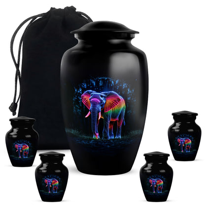 Dark Black Elephant Cremation Urn top-down view of secure threaded lid - traditional elephant engraving with hand-polished finish - memorial set with one large and four small urns
