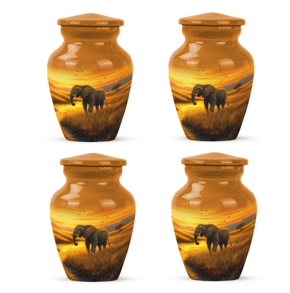Warm Gold Elephant Cremation Urn side profile showing urn shape - elegant classic elephant relief with fine detailing - 10 inch aluminum urn for cremated remains