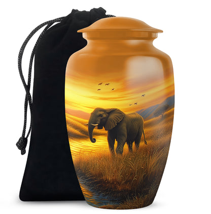 Harvest Gold Elephant Cremation Urn angled view of lid and engraved motif - traditional elephant engraving with hand-polished finish - full-size 10 inch 200 cubic inch adult cremation urn