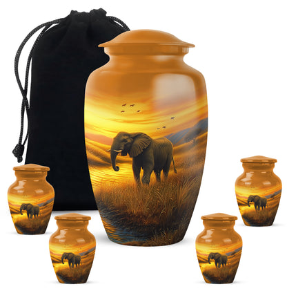 Antique Gold Elephant Cremation Urn top-down view of secure threaded lid - classic sculpted elephant pattern on smooth aluminum - memorial set with one large and four small urns
