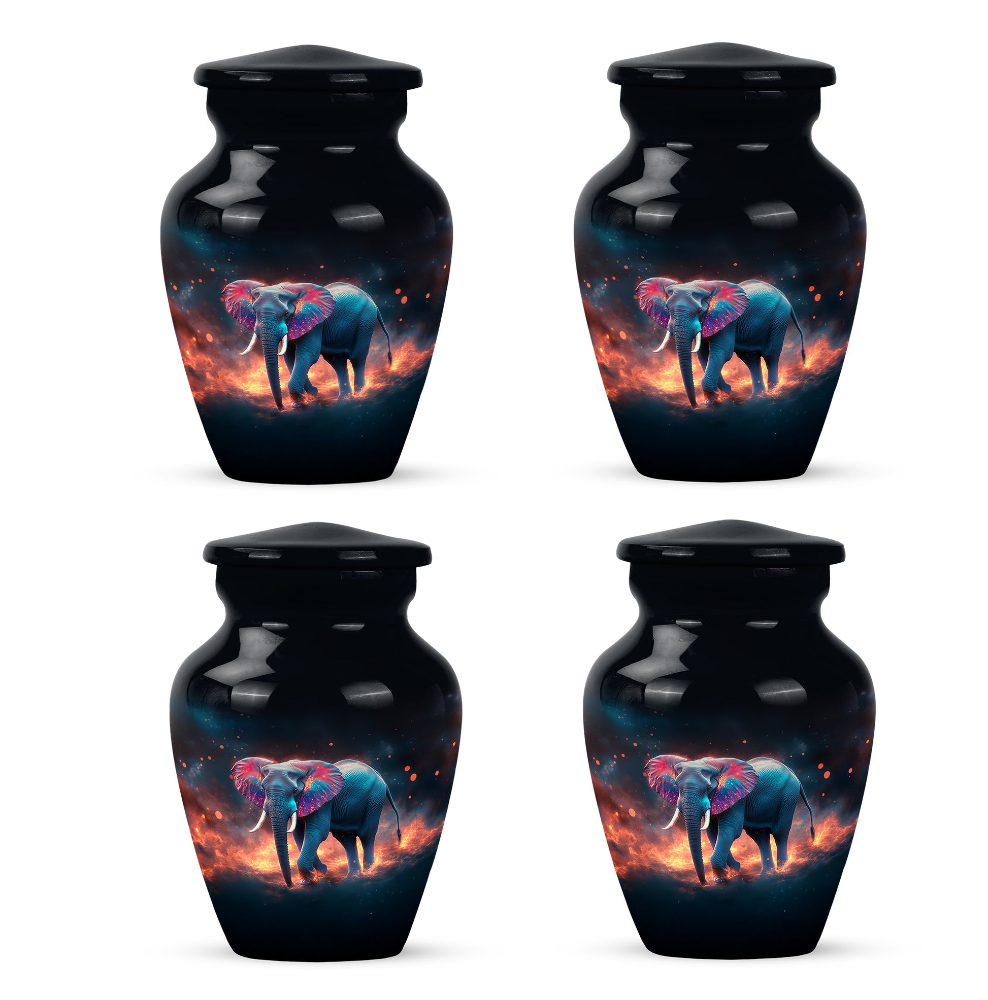 Deep Black Elephant Cremation Urn side profile showing urn shape - timeless elephant motif etched into premium metal - 10 inch aluminum urn for cremated remains