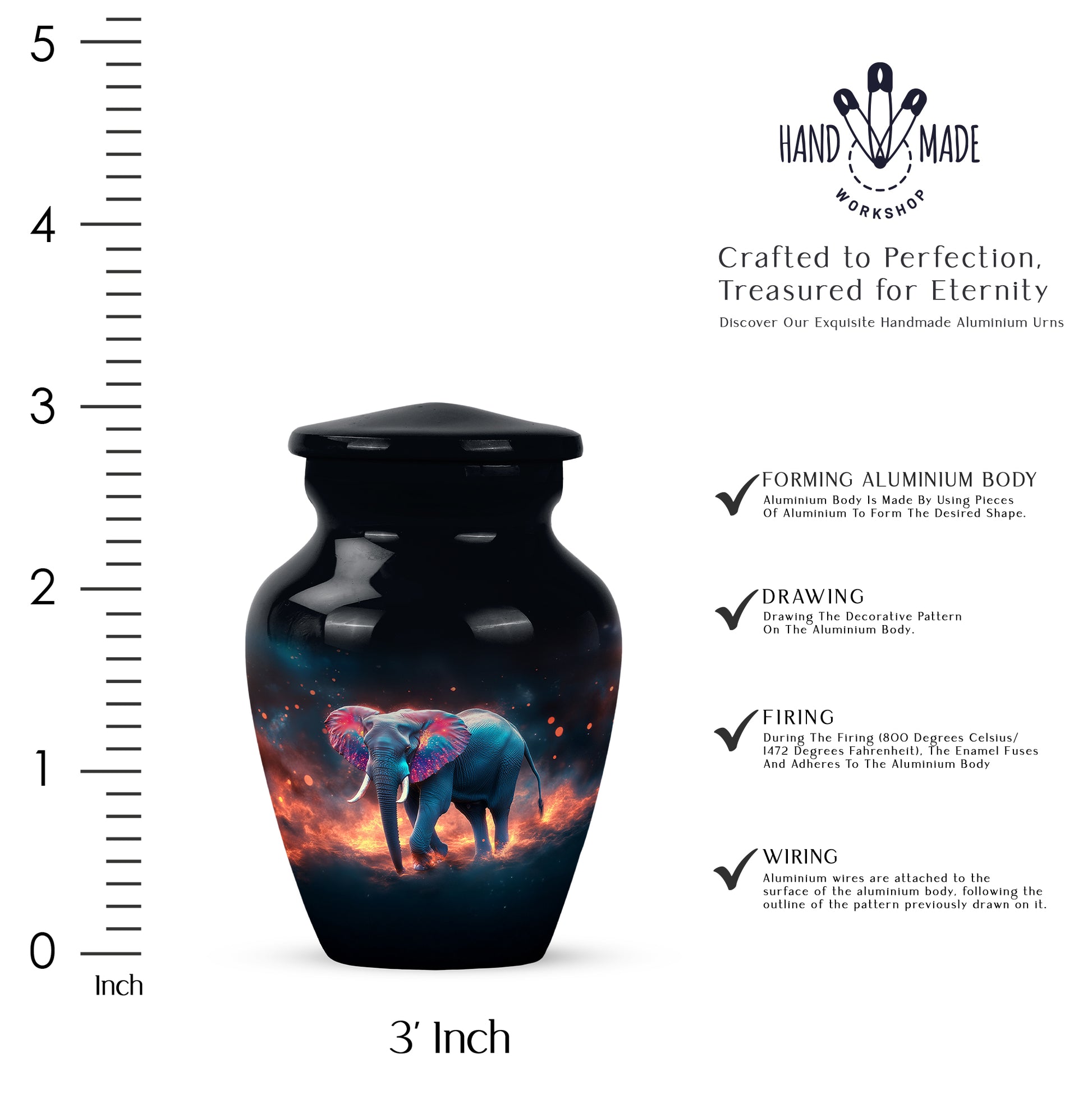 Deep Black Elephant Cremation Urn close-up of engraving and surface detail - timeless elephant motif etched into premium metal - mini keepsake memorial for portion of cremation ashes