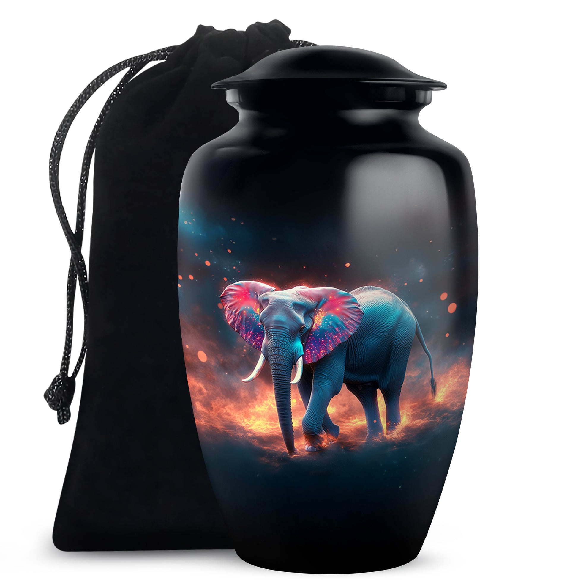 Deep Black Elephant Cremation Urn angled view of lid and engraved motif - timeless elephant motif etched into premium metal - full-size 10 inch 200 cubic inch adult cremation urn