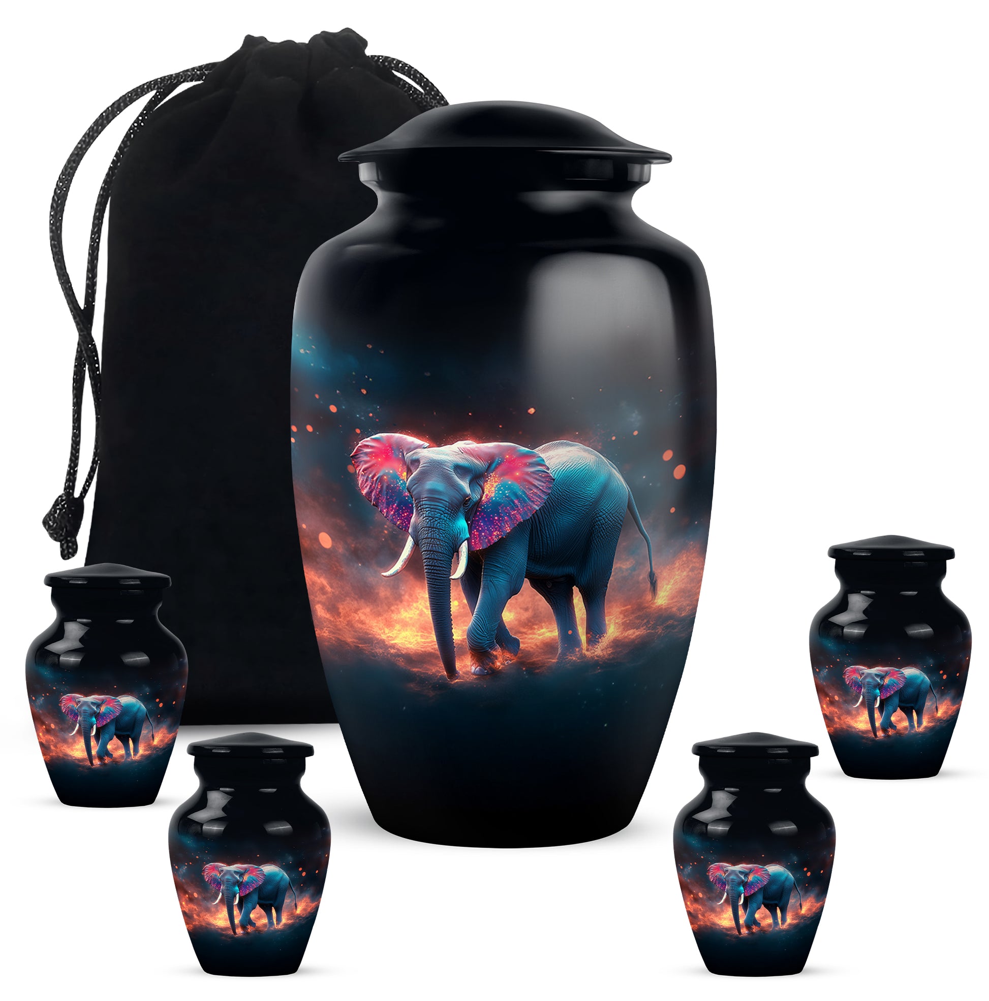 Midnight Black Elephant Cremation Urn top-down view of secure threaded lid - traditional elephant engraving with hand-polished finish - memorial set with one large and four small urns