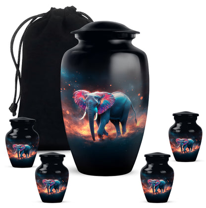 Midnight Black Elephant Cremation Urn top-down view of secure threaded lid - traditional elephant engraving with hand-polished finish - memorial set with one large and four small urns