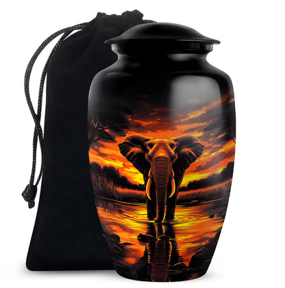 Rich Black Elephant Cremation Urn angled view of lid and engraved motif - classic sculpted elephant pattern on smooth aluminum - full-size 10 inch 200 cubic inch adult cremation urn