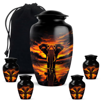 Glossy Black Elephant Cremation Urn top-down view of secure threaded lid - classic sculpted elephant pattern on smooth aluminum - memorial set with one large and four small urns