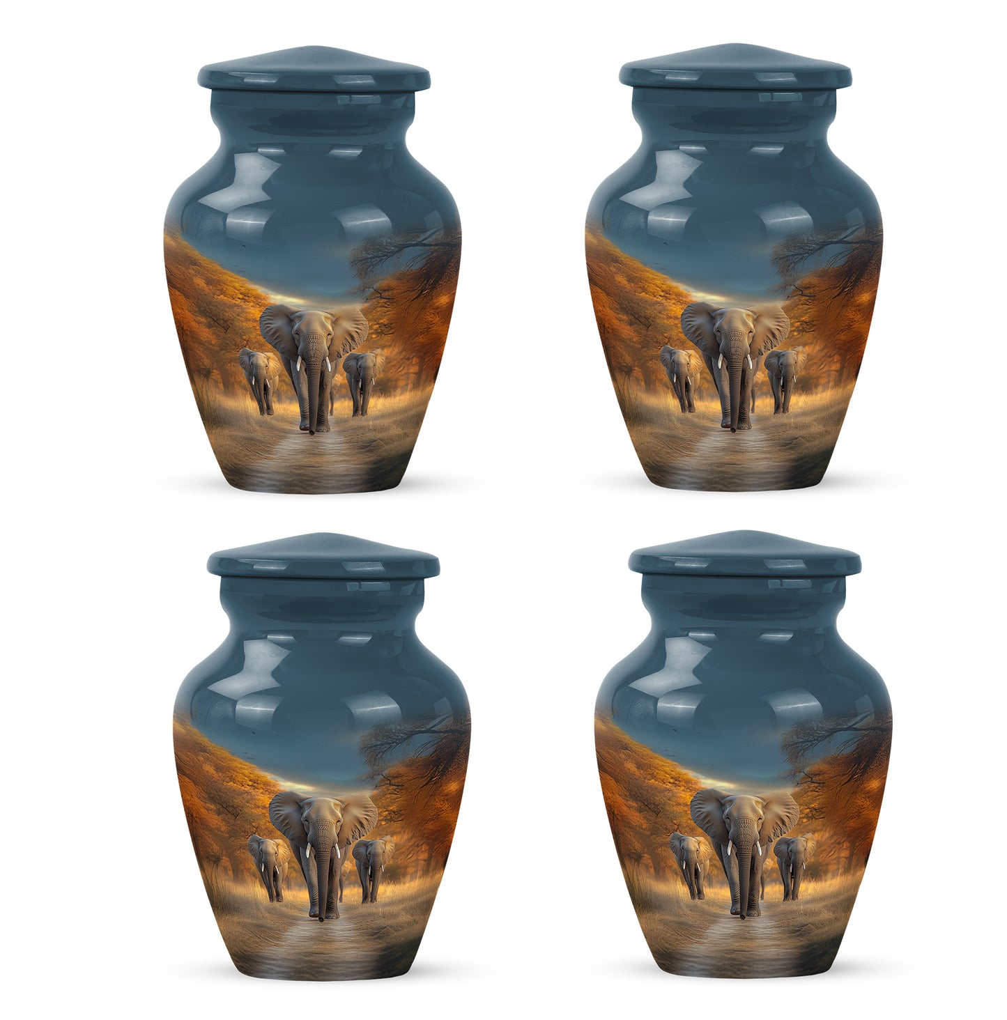Bright Blue Elephant Cremation Urn side profile showing urn shape - traditional elephant engraving with hand-polished finish - 10 inch aluminum urn for cremated remains