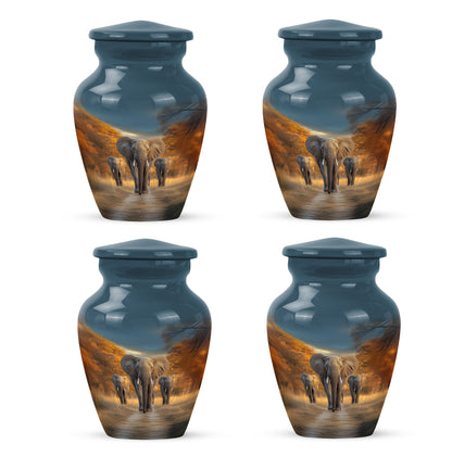 Bright Blue Elephant Cremation Urn side profile showing urn shape - traditional elephant engraving with hand-polished finish - 10 inch aluminum urn for cremated remains