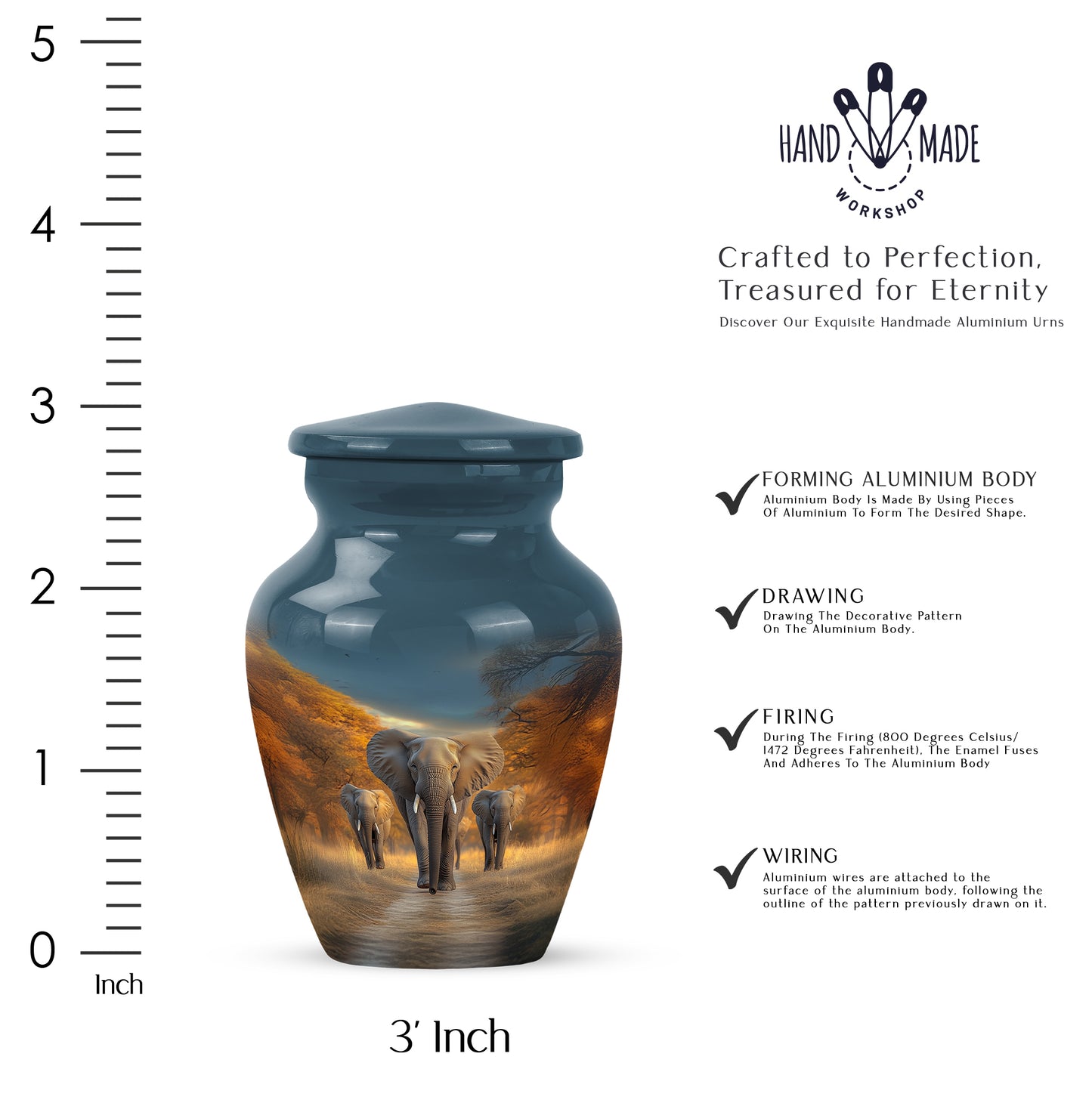 Vivid Blue Elephant Cremation Urn close-up of engraving and surface detail - traditional elephant engraving with hand-polished finish - mini keepsake memorial for portion of cremation ashes