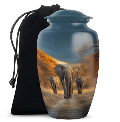 Calming Blue Elephant Cremation Urn angled view of lid and engraved motif - elegant classic elephant relief with fine detailing - full-size 10 inch 200 cubic inch adult cremation urn