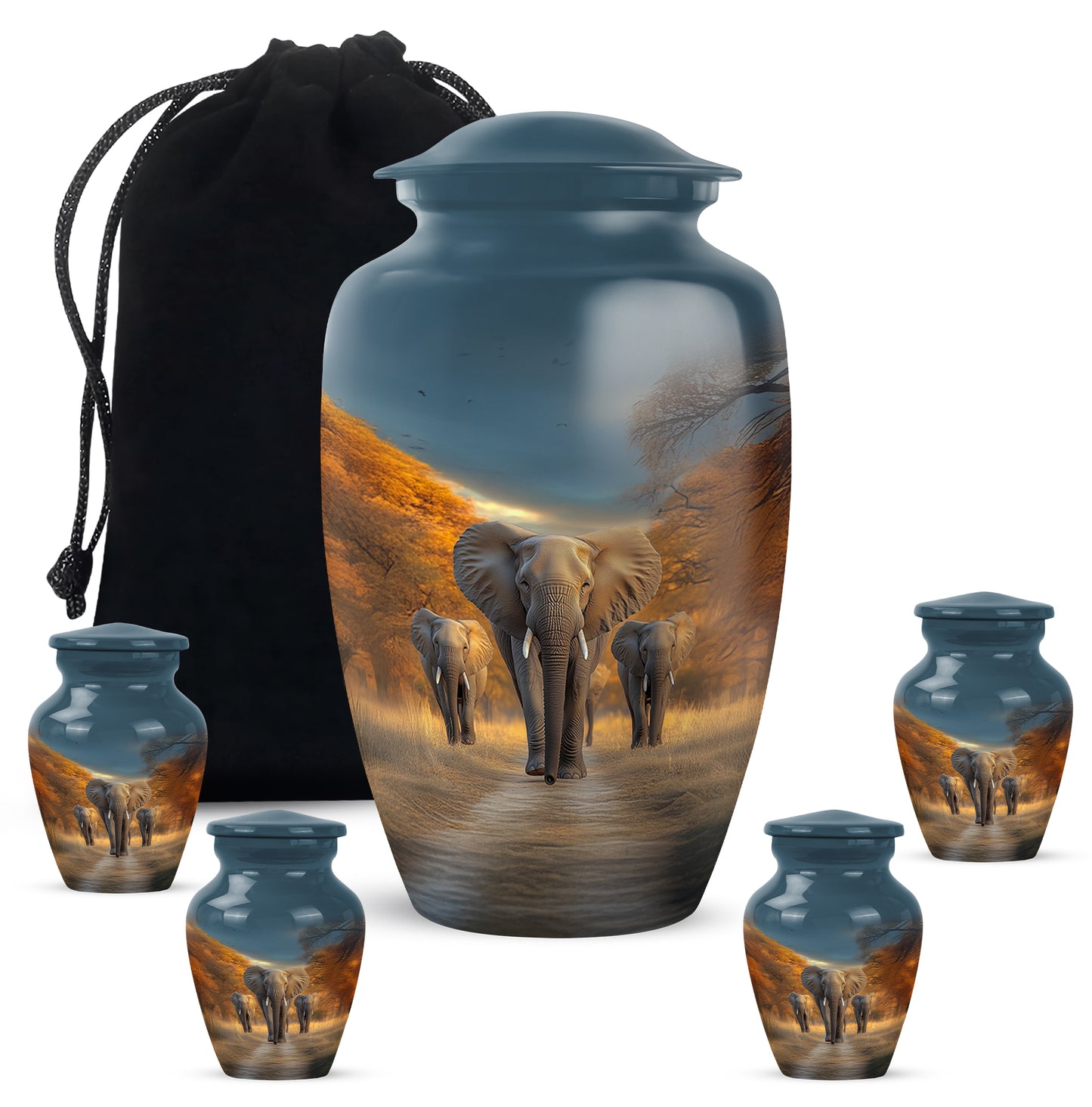 Soft Blue Elephant Cremation Urn top-down view of secure threaded lid - traditional elephant engraving with hand-polished finish - memorial set with one large and four small urns
