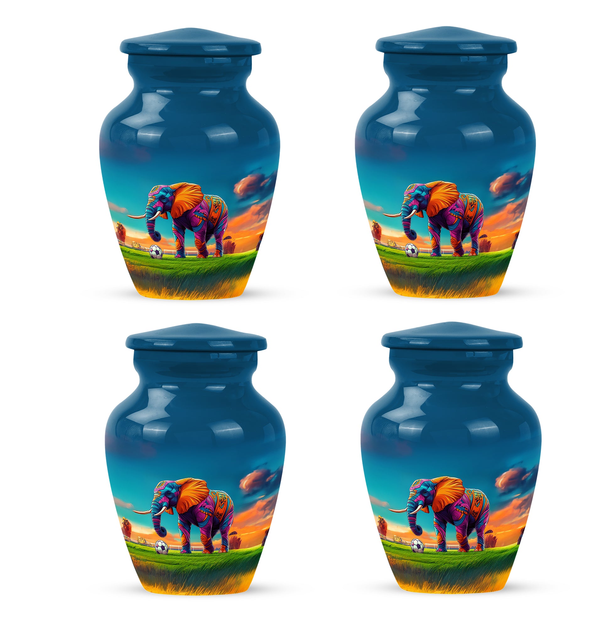 Serene Blue Elephant Cremation Urn side profile showing urn shape - elegant classic elephant relief with fine detailing - 10 inch aluminum urn for cremated remains