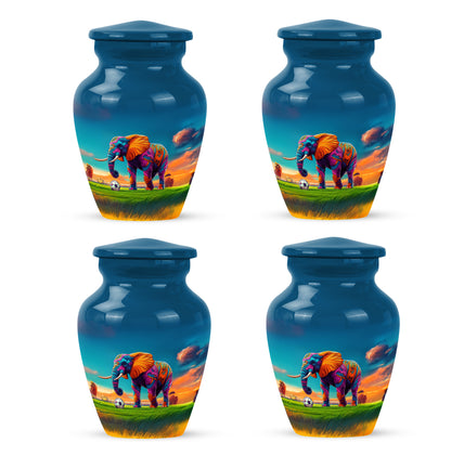 Serene Blue Elephant Cremation Urn side profile showing urn shape - elegant classic elephant relief with fine detailing - 10 inch aluminum urn for cremated remains