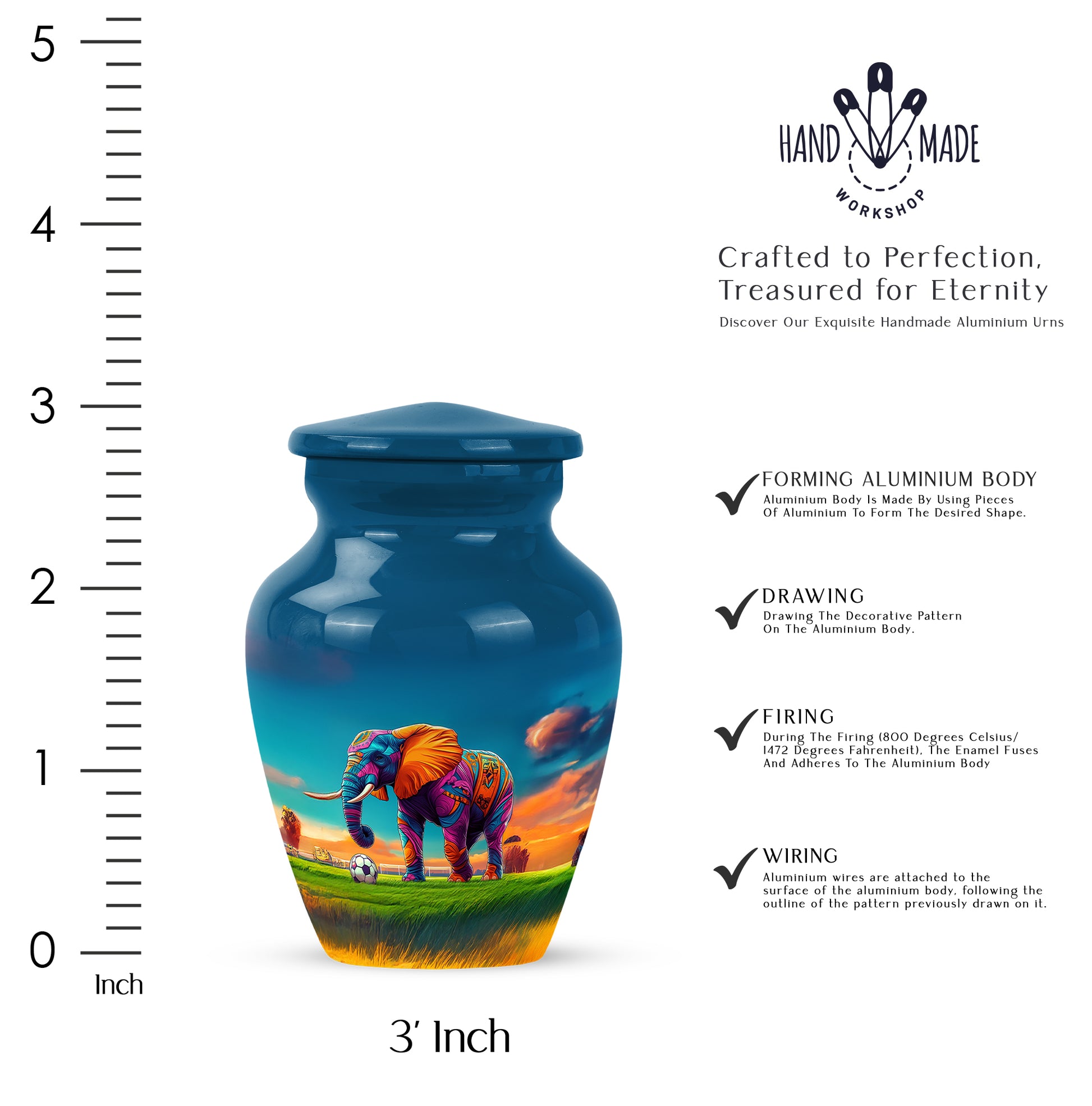 Misty Blue Elephant Cremation Urn close-up of engraving and surface detail - classic sculpted elephant pattern on smooth aluminum - mini keepsake memorial for portion of cremation ashes