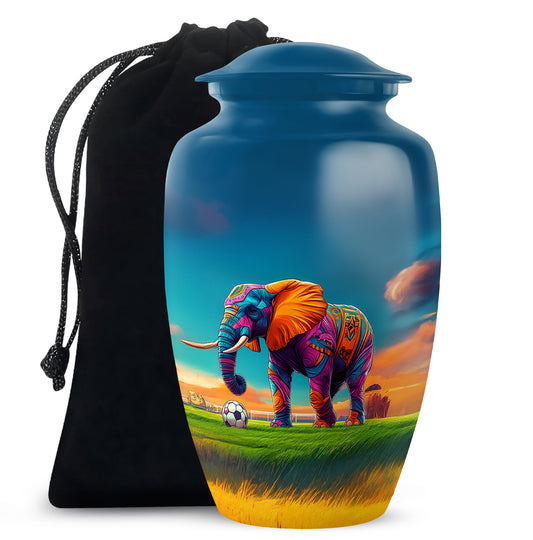Pastel Blue Elephant Cremation Urn angled view of lid and engraved motif - timeless elephant motif etched into premium metal - full-size 10 inch 200 cubic inch adult cremation urn