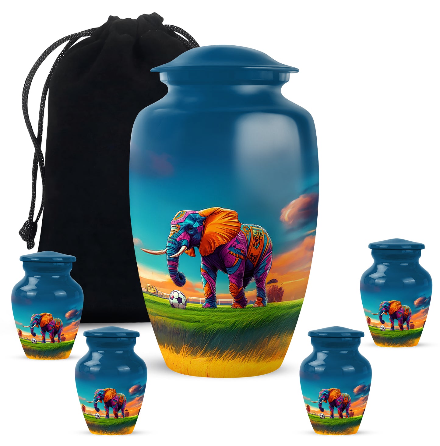 Pastel Blue Elephant Cremation Urn top-down view of secure threaded lid - timeless elephant motif etched into premium metal - memorial set with one large and four small urns