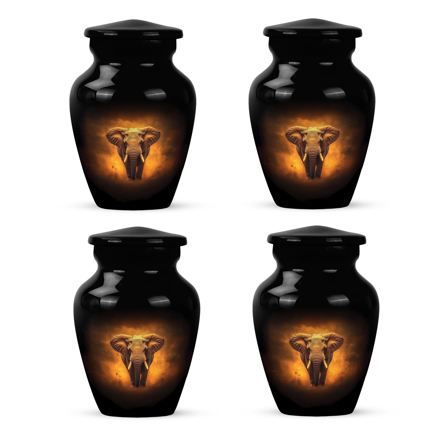 Midnight Black Elephant Cremation Urn side profile showing urn shape - elegant classic elephant relief with fine detailing - 10 inch aluminum urn for cremated remains