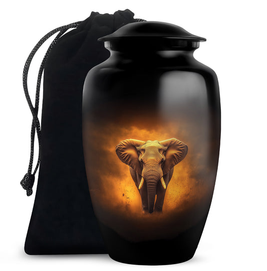 Midnight Black Elephant Cremation Urn angled view of lid and engraved motif - elegant classic elephant relief with fine detailing - full-size 10 inch 200 cubic inch adult cremation urn