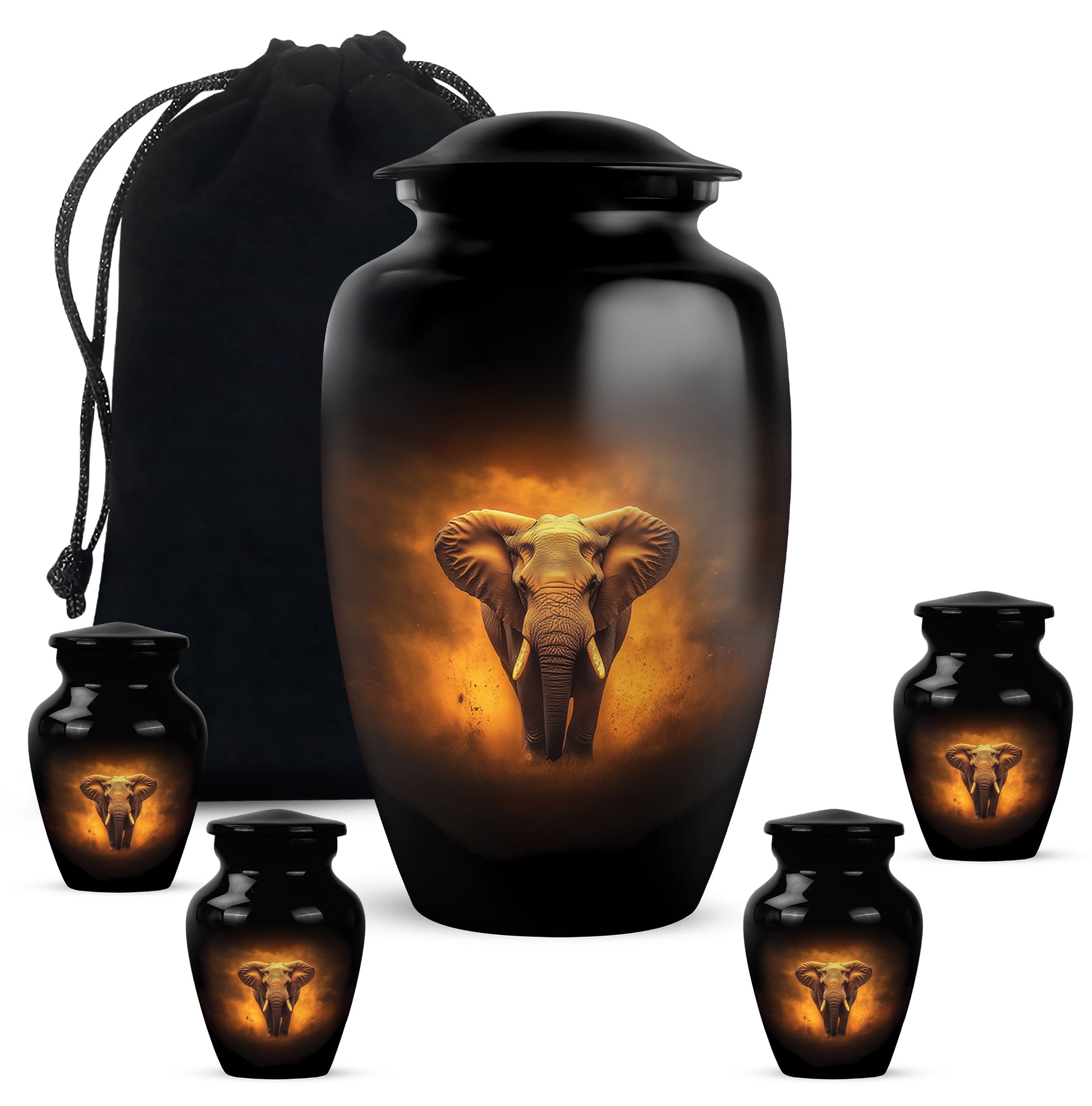Glossy Black Elephant Cremation Urn top-down view of secure threaded lid - timeless elephant motif etched into premium metal - memorial set with one large and four small urns