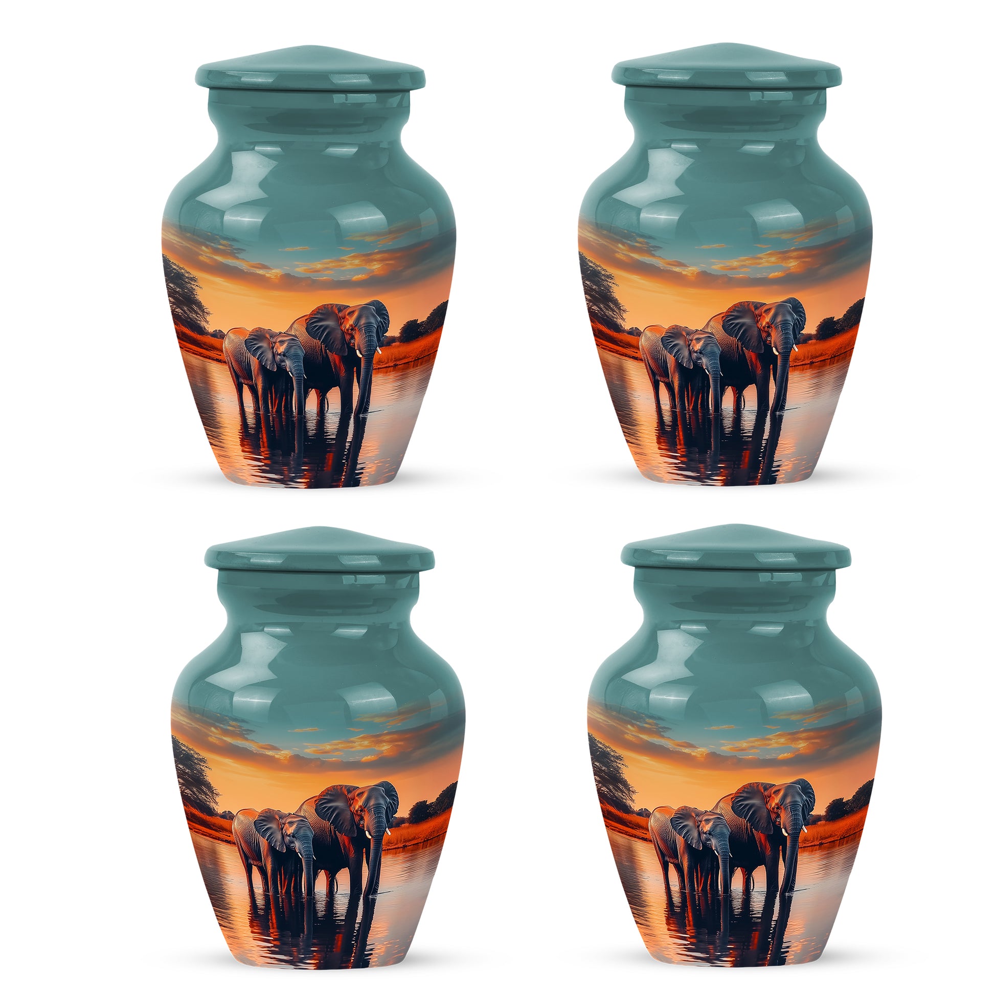 Jewel Teal Elephant Cremation Urn side profile showing urn shape - classic sculpted elephant pattern on smooth aluminum - 10 inch aluminum urn for cremated remains