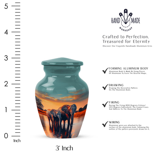 Jewel Teal Elephant Cremation Urn close-up of engraving and surface detail - timeless elephant motif etched into premium metal - mini keepsake memorial for portion of cremation ashes