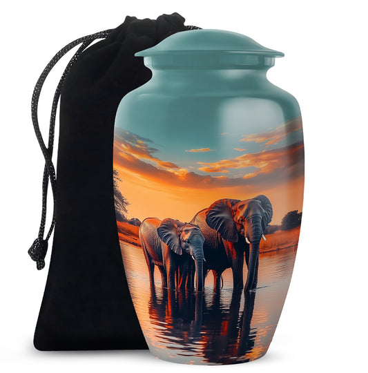 Cool Teal Elephant Cremation Urn angled view of lid and engraved motif - timeless elephant motif etched into premium metal - full-size 10 inch 200 cubic inch adult cremation urn