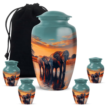 Deep Teal Elephant Cremation Urn top-down view of secure threaded lid - traditional elephant engraving with hand-polished finish - memorial set with one large and four small urns