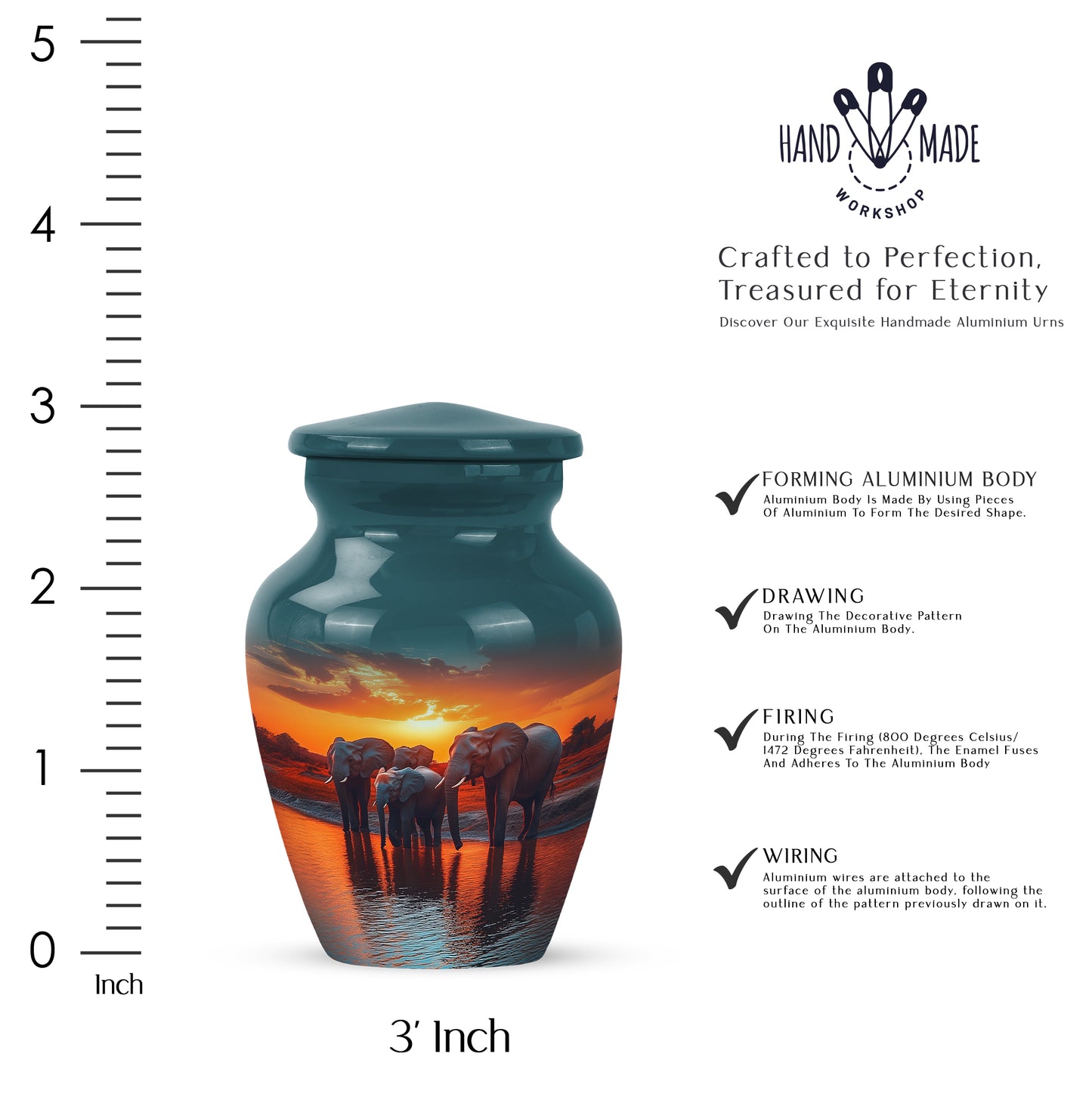 Sea Green Teal Elephant Cremation Urn close-up of engraving and surface detail - classic sculpted elephant pattern on smooth aluminum - mini keepsake memorial for portion of cremation ashes