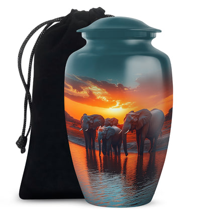 Aqua Teal Elephant Cremation Urn angled view of lid and engraved motif - traditional elephant engraving with hand-polished finish - full-size 10 inch 200 cubic inch adult cremation urn