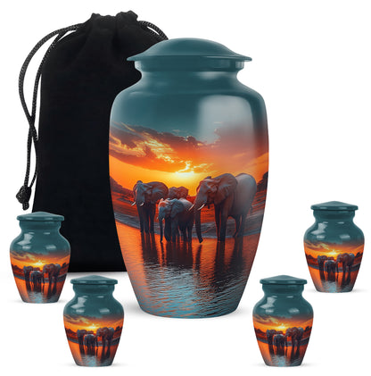 Tropical Teal Elephant Cremation Urn top-down view of secure threaded lid - elegant classic elephant relief with fine detailing - memorial set with one large and four small urns