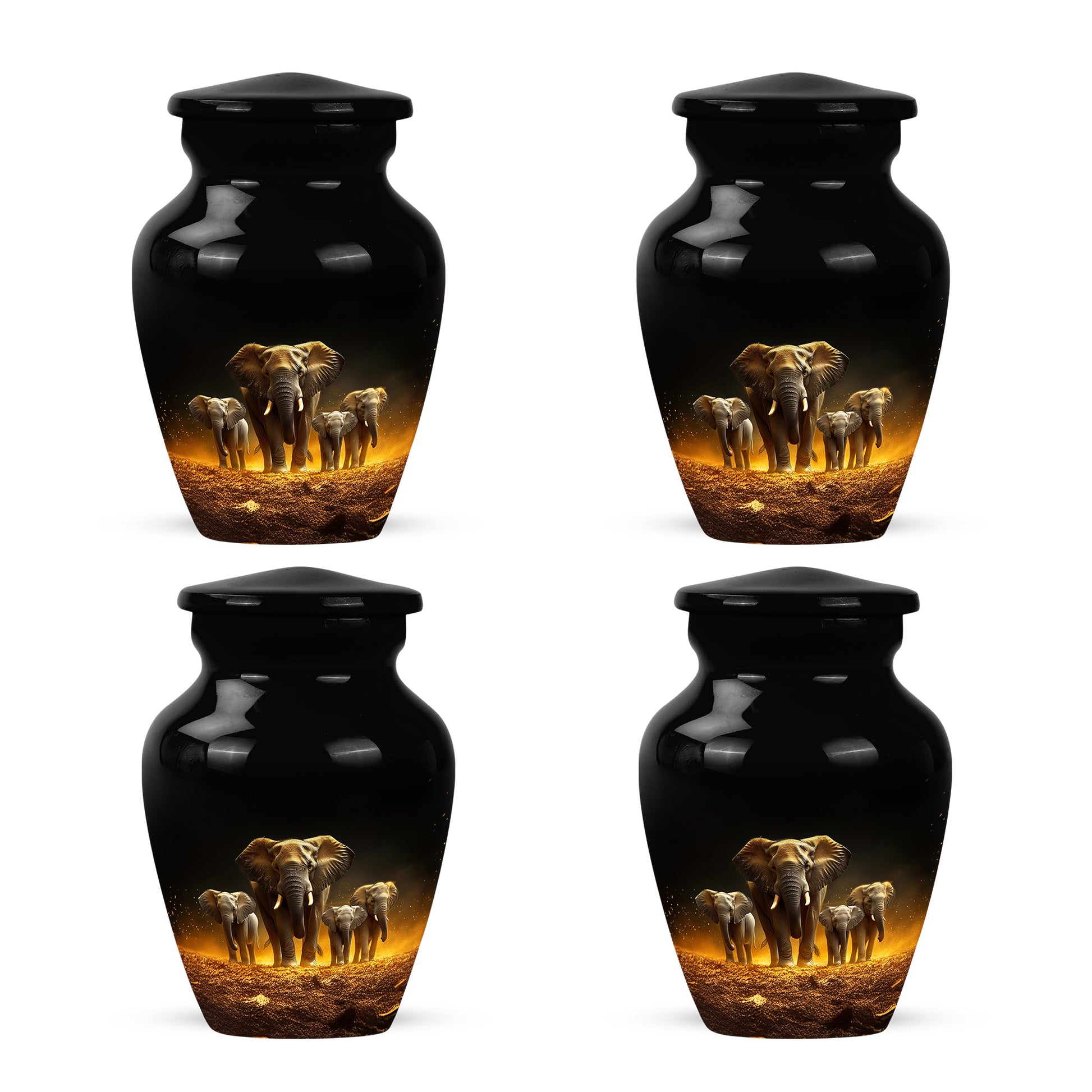 Midnight Black Elephant Cremation Urn side profile showing urn shape - elegant classic elephant relief with fine detailing - 10 inch aluminum urn for cremated remains