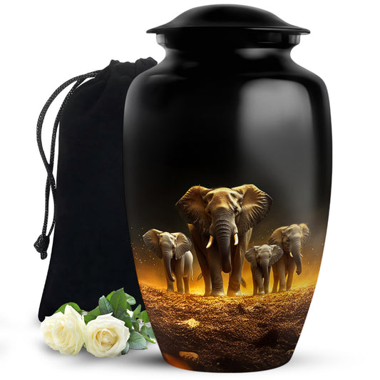 Onyx Black Elephant Cremation Urn angled view of lid and engraved motif - traditional elephant engraving with hand-polished finish - full-size 10 inch 200 cubic inch adult cremation urn