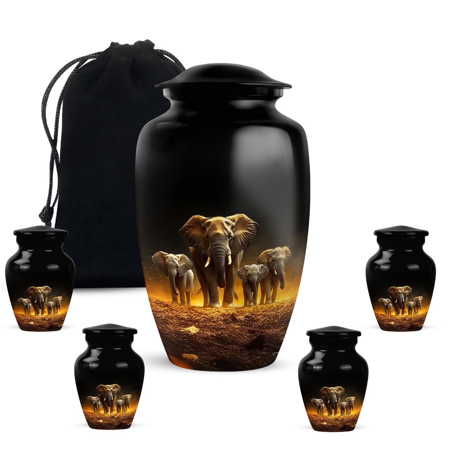 Obsidian Black Elephant Cremation Urn top-down view of secure threaded lid - elegant classic elephant relief with fine detailing - memorial set with one large and four small urns
