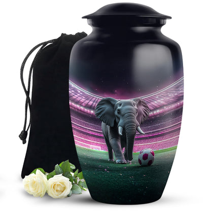 Glossy Black Elephant Cremation Urn angled view of lid and engraved motif - timeless elephant motif etched into premium metal - full-size 10 inch 200 cubic inch adult cremation urn