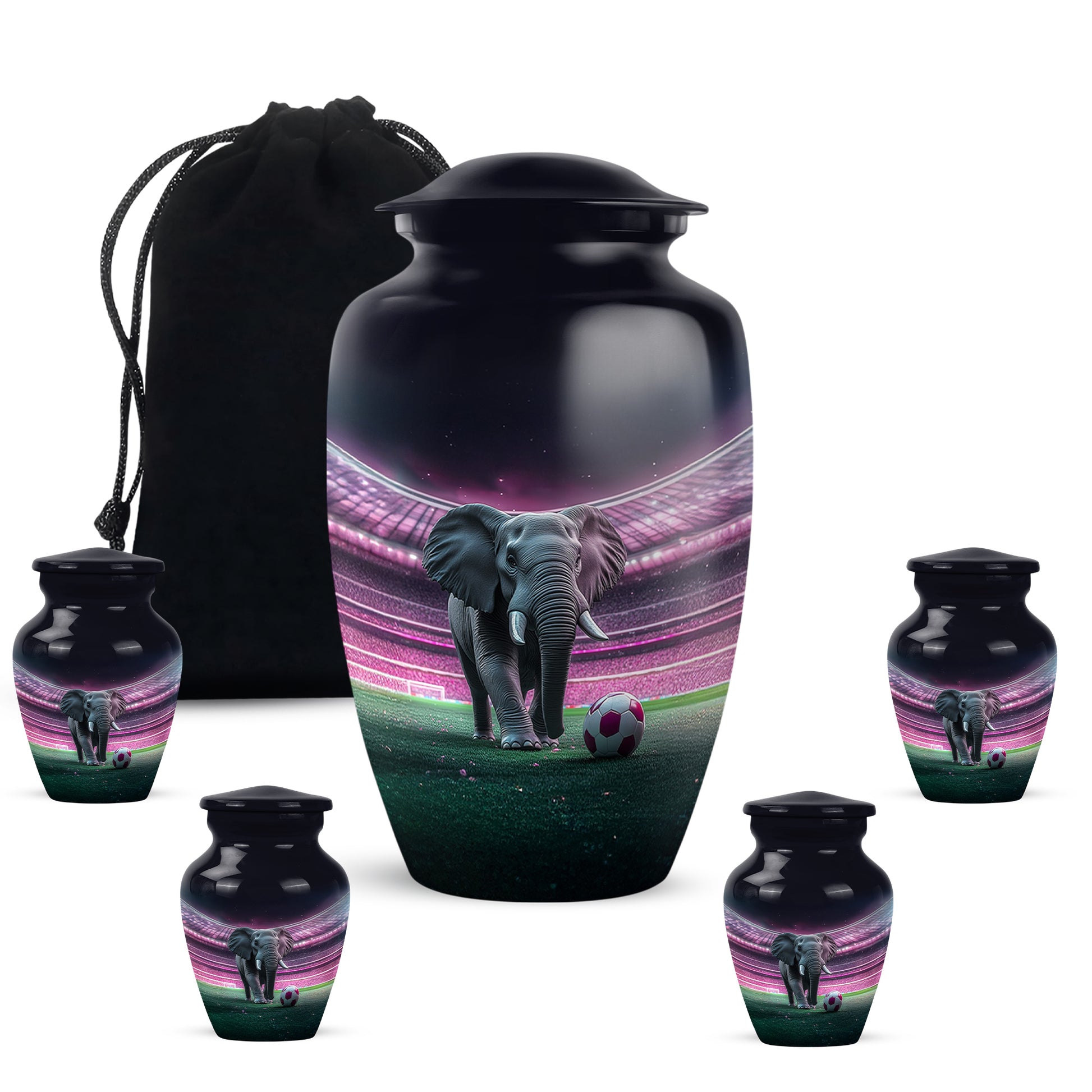 Deep Black Elephant Cremation Urn top-down view of secure threaded lid - classic sculpted elephant pattern on smooth aluminum - memorial set with one large and four small urns