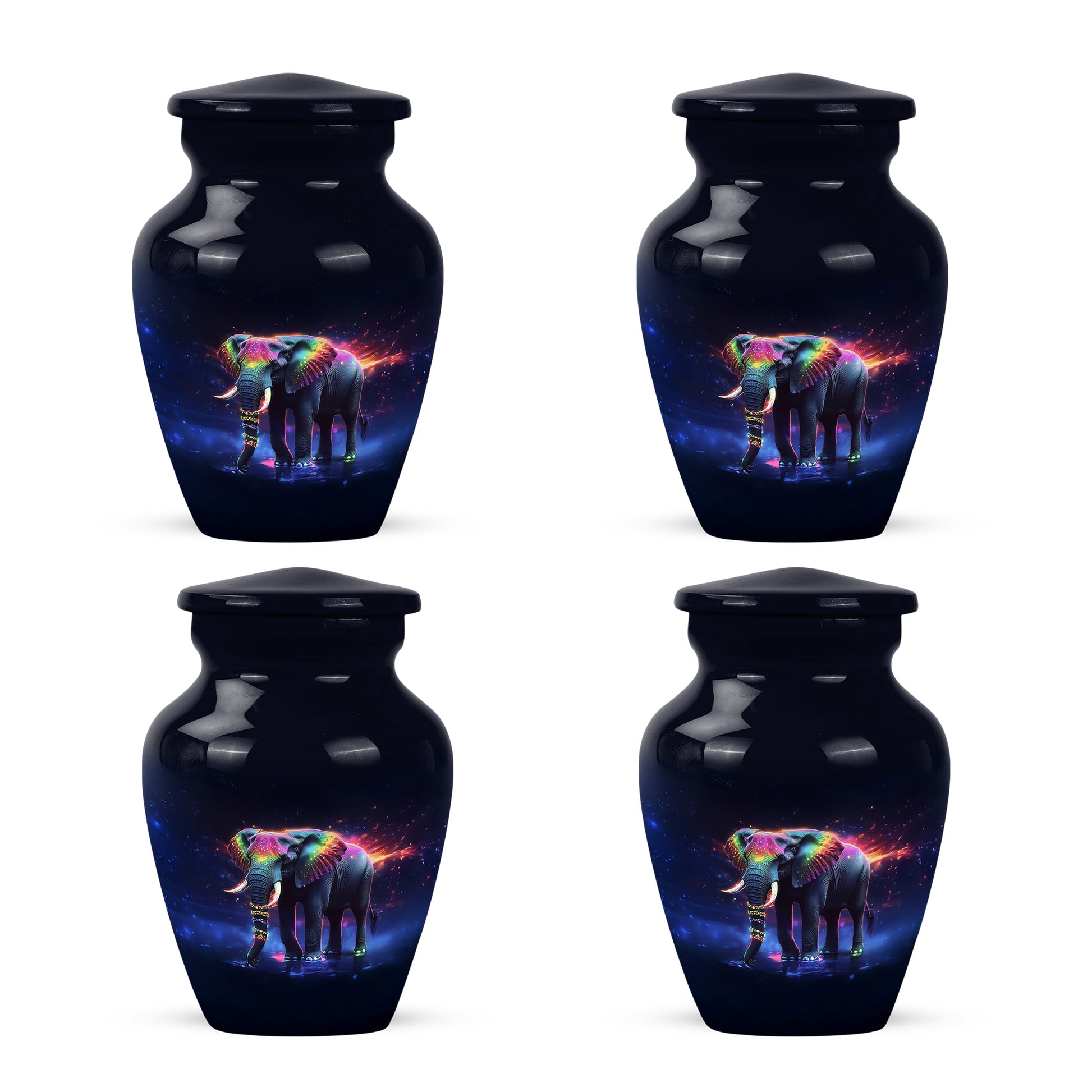 Jet Black Elephant Cremation Urn side profile showing urn shape - classic sculpted elephant pattern on smooth aluminum - 10 inch aluminum urn for cremated remains