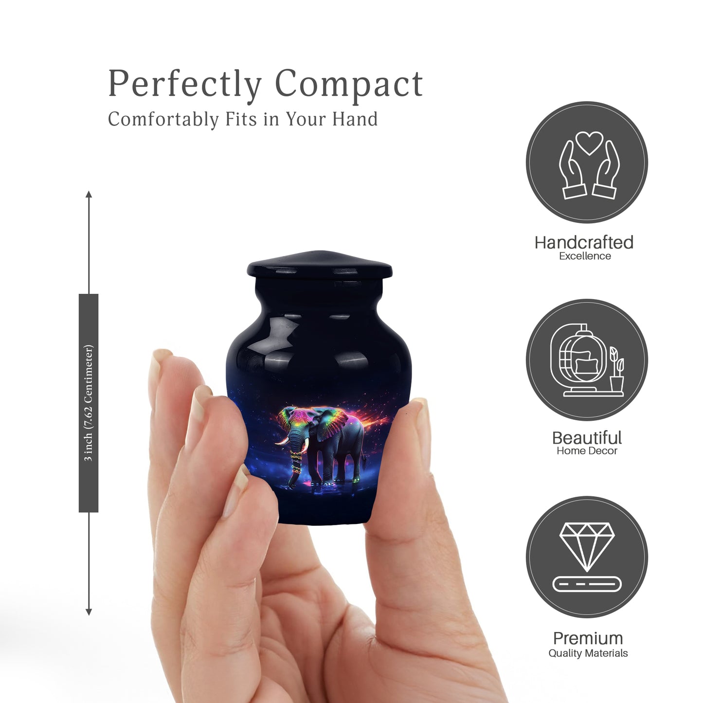 Glossy Black Elephant Cremation Urn close-up of engraving and surface detail - classic sculpted elephant pattern on smooth aluminum - mini keepsake memorial for portion of cremation ashes