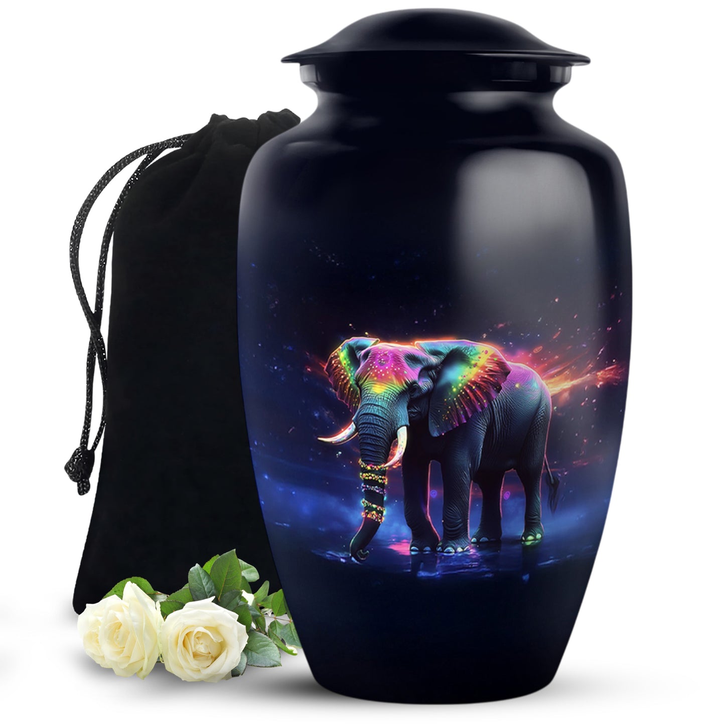 Jet Black Elephant Cremation Urn angled view of lid and engraved motif - timeless elephant motif etched into premium metal - full-size 10 inch 200 cubic inch adult cremation urn