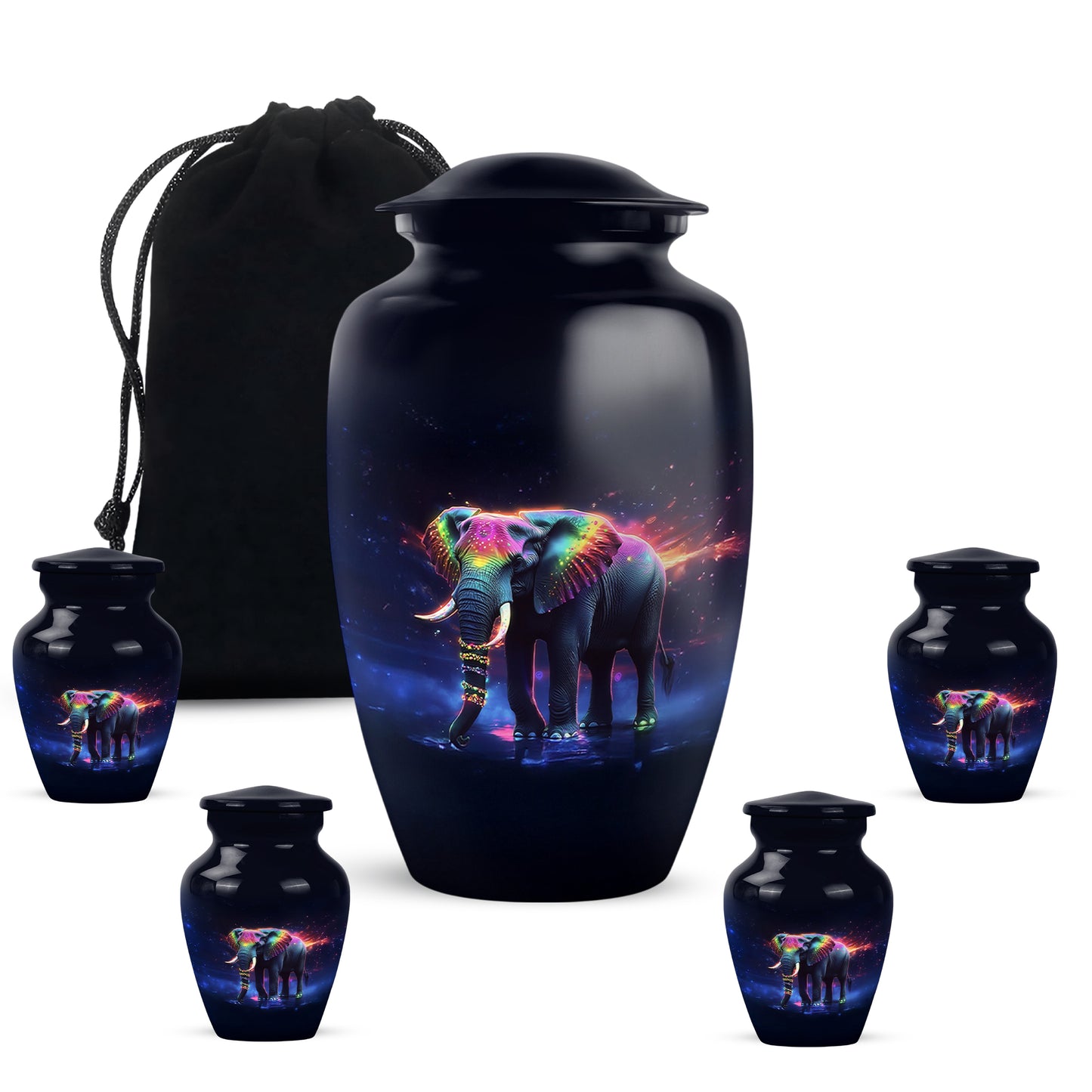 Dark Black Elephant Cremation Urn top-down view of secure threaded lid - elegant classic elephant relief with fine detailing - memorial set with one large and four small urns