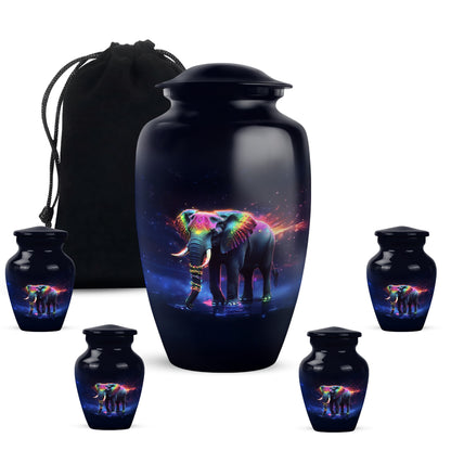 Dark Black Elephant Cremation Urn top-down view of secure threaded lid - elegant classic elephant relief with fine detailing - memorial set with one large and four small urns