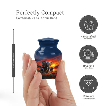 Cobalt Blue Elephant Cremation Urn close-up of engraving and surface detail - traditional elephant engraving with hand-polished finish - mini keepsake memorial for portion of cremation ashes