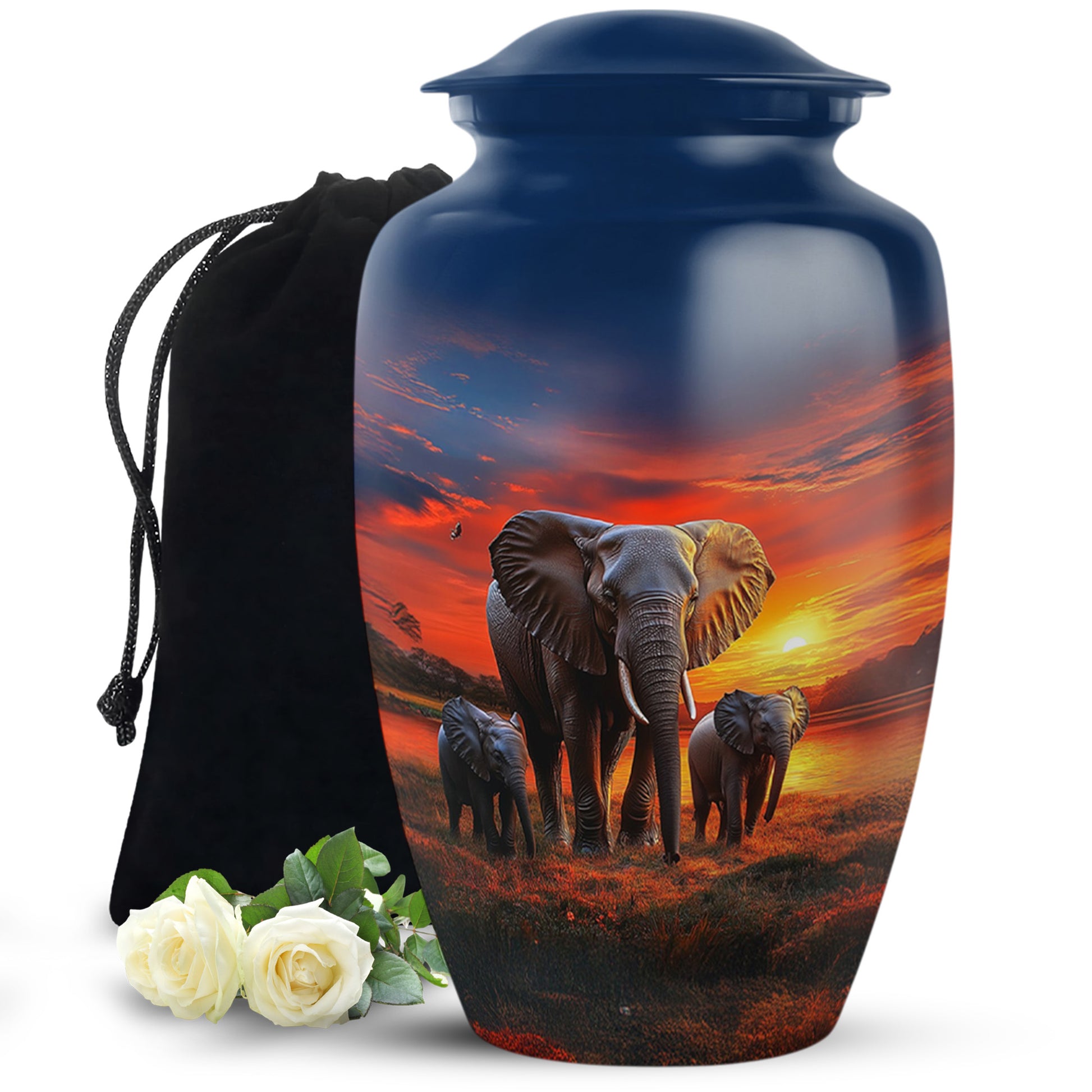 Slate Blue Elephant Cremation Urn angled view of lid and engraved motif - classic sculpted elephant pattern on smooth aluminum - full-size 10 inch 200 cubic inch adult cremation urn