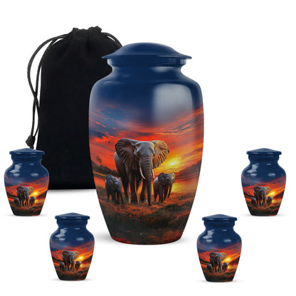 Serene Blue Elephant Cremation Urn top-down view of secure threaded lid - elegant classic elephant relief with fine detailing - memorial set with one large and four small urns