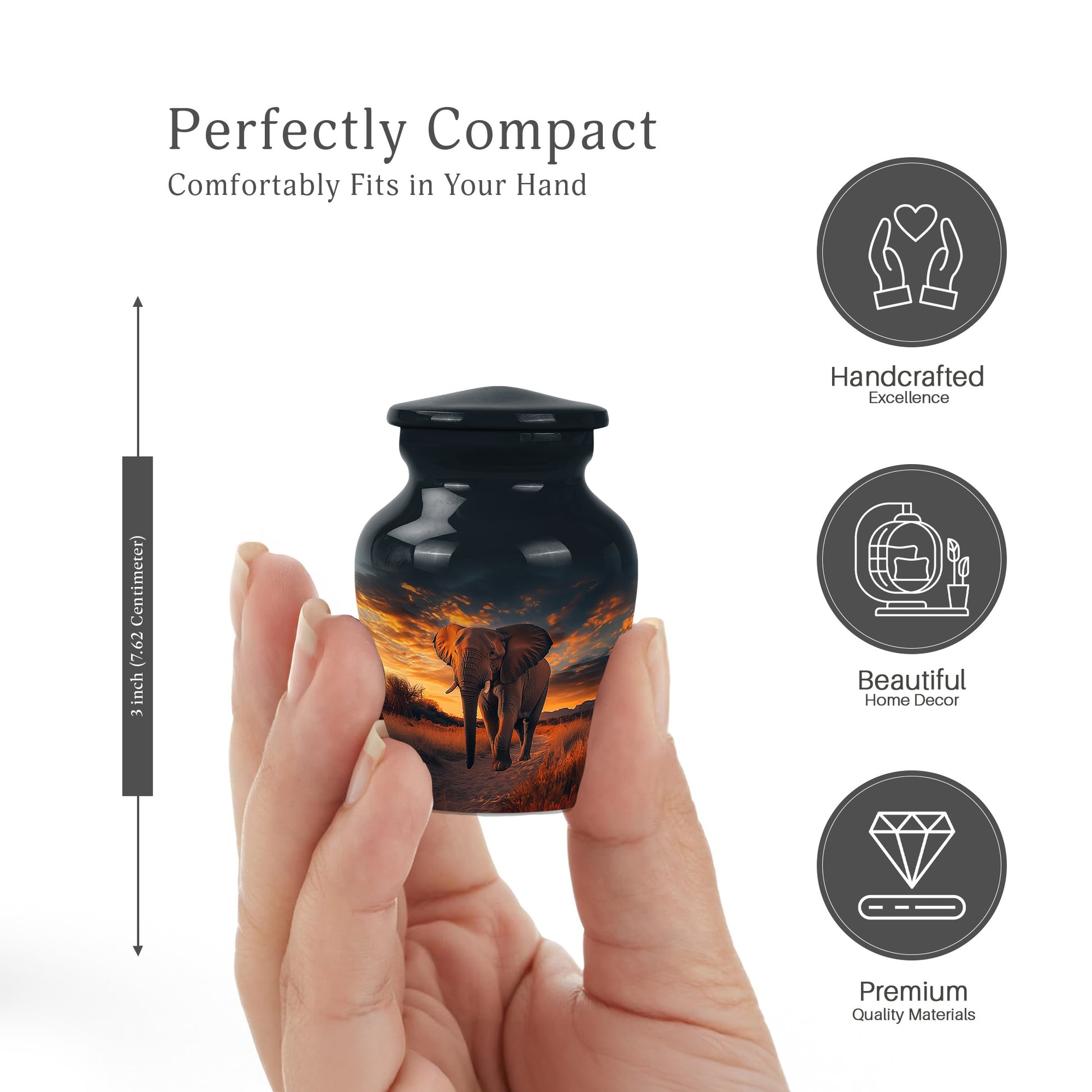 Glossy Black Elephant Cremation Urn close-up of engraving and surface detail - classic sculpted elephant pattern on smooth aluminum - mini keepsake memorial for portion of cremation ashes