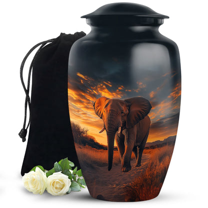 Jet Black Elephant Cremation Urn angled view of lid and engraved motif - classic sculpted elephant pattern on smooth aluminum - full-size 10 inch 200 cubic inch adult cremation urn