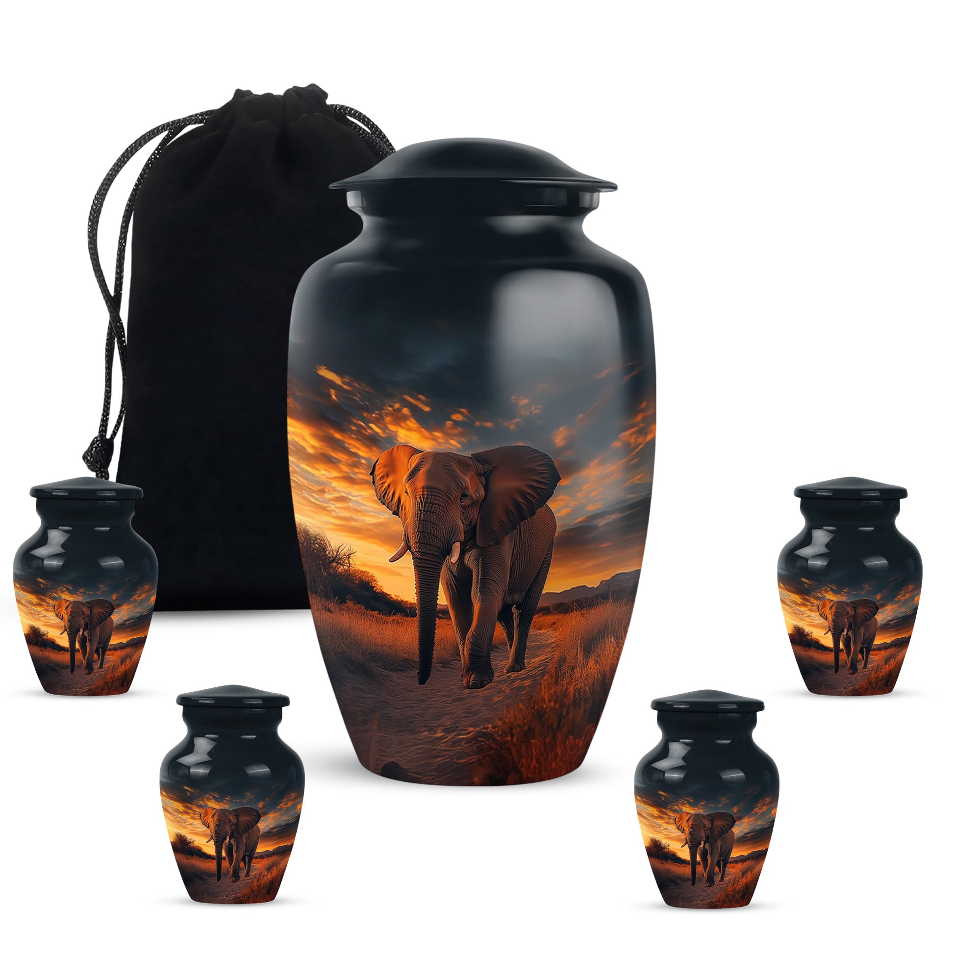 Dark Black Elephant Cremation Urn top-down view of secure threaded lid - traditional elephant engraving with hand-polished finish - memorial set with one large and four small urns