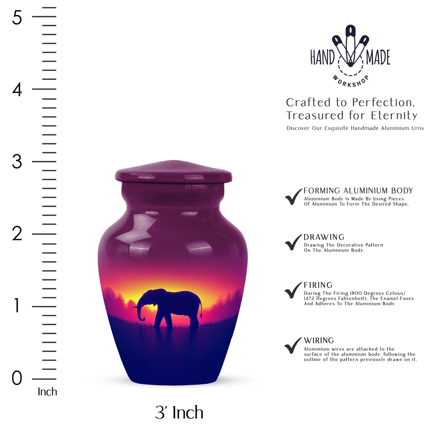 Blush Pink Elephant Cremation Urn close-up of engraving and surface detail - classic sculpted elephant pattern on smooth aluminum - mini keepsake memorial for portion of cremation ashes