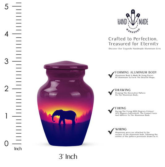 Blush Pink Elephant Cremation Urn close-up of engraving and surface detail - classic sculpted elephant pattern on smooth aluminum - mini keepsake memorial for portion of cremation ashes