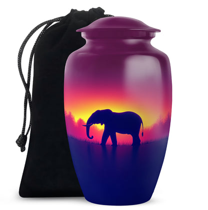 Soft Pink Elephant Cremation Urn angled view of lid and engraved motif - traditional elephant engraving with hand-polished finish - full-size 10 inch 200 cubic inch adult cremation urn